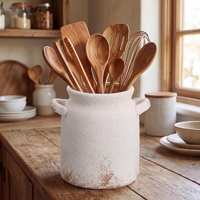 Qinyoung Rustic Kitchen Utensil Holder 6 Inch Small Ceramic Utensil Holder with Handle Vintage Crock Decoration Spatula Organizer for Kitchen Countertop Farmhouse Party Supplies(White,Textured)
