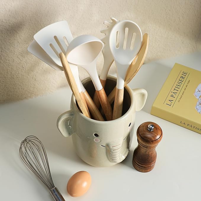 Ceramic Cartoon Animal Pattern Kitchen Utensil Holder, Large Cooking Utensil Crocks for Kitchen Countertop, Cartoon Style Utensil Organizer for Spatula, Kitchen, Home Decoration-Elephant