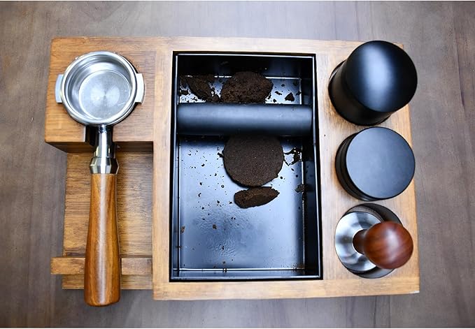 NAVREX 13.4'' Large Espresso Knock Box and Tamping Station, Solid Wood Espresso Accessories Organizer Box for 51MM-58MM Tamper, Distributor, Portafilter, High-Capacity Espresso Coffee Organizer