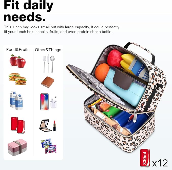 BALORAY Lunch Bag for Women Men Insulated Lunch Box for Adult Reusable Lunch Tote Bag for Work, Picnic or Travel (Khaki Leopard with Strap,L)