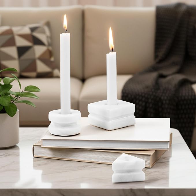 Marble Candle Holder Set of 3, White Natural Stone Candlestick Holders, Handmade Taper Candle Stick Holder, Elegant Modern Home Decor, Table Centerpiece for Living Room, Dining & Wedding Gift