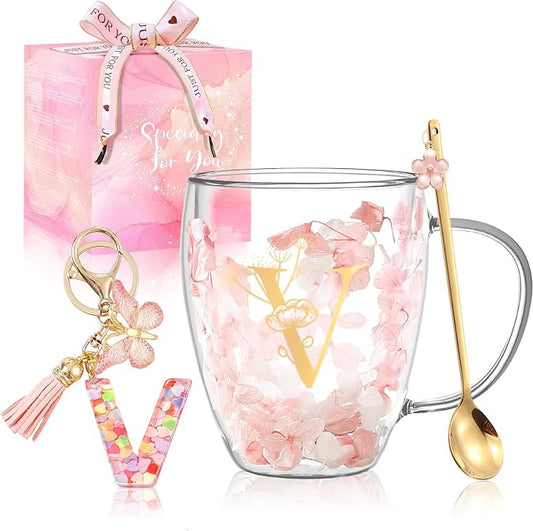 Personalized Gifts for Women Flower Double Wall Cute Novelty Monogrammed Glass Coffee Mug Tea Cup with Spoon Customized Wedding Favors Unique Christmas Birthday Gifts for Bride Wife Friend Sister (V)