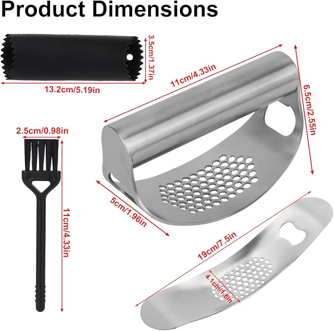 Stainless Steel Garlic Press Set, Includes 2 Stainless Steel Garlic Press Tools 1 Silicone Peeler Tube and 1 Brush Practical Kitchen Gadgets for Easy Smashing