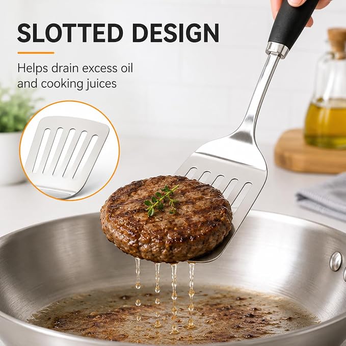 Stainless Steel Slotted Turner Spatula, Metal Spatula for Cast Iron & Stainless Steel Pans, Thin Edge Kitchen Turner for Eggs, Pancakes, Burgers, Dishwasher Safe