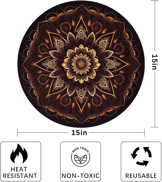 Round Placemats Set of 6, Fire Mandala Flowers Woven Placemats Mats Non-Slip Heat Resistant Washable Table Mats Round Braided Place for Farmhouse Kitchen Dining Party Decor 15in