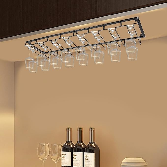 Under Cabinet Wine Glass Rack, 8 Row Large Capacity Metal Stemware Hanger, Hanging Glasses Storage Holder, Upside Down Stemware Organizer for Kitchen Bar Cabinet