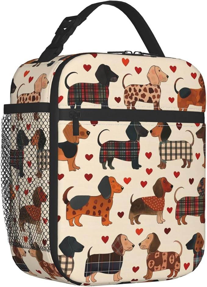 Reusable Dachshund Lunch Box for Kids, Insulated Cute Plaid Weiner Dog Bag,Polyester Cooler Heart Handbags Case for School Picnic Work Travel Beach or Hiking (Beige)