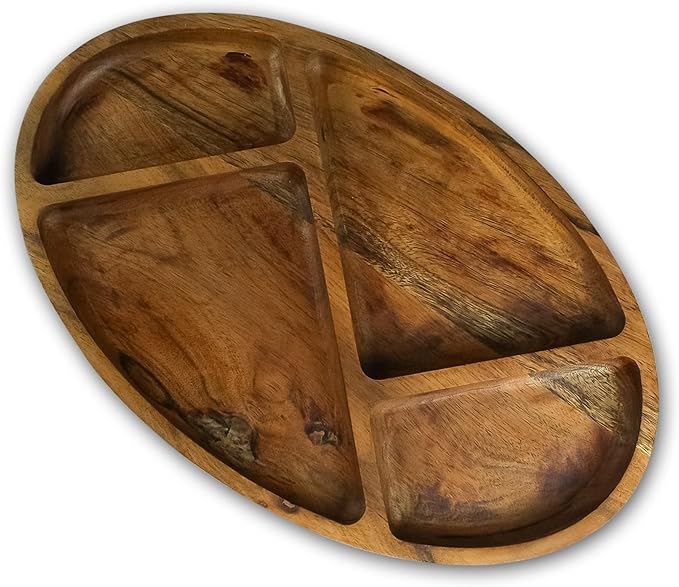 Large Wooden Divided Serving Tray – 16x10 inch Acacia Wood Platter with 4 Compartments for Snacks, Appetizers, Chips and Dips – Rustic Charcuterie Board, Chrsitmas, New Year, Thanksgiving