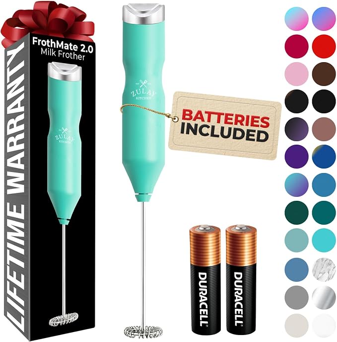 Zulay Kitchen Powerful Frother Wand AA Batteries Included, Ultra Fast Handheld Drink Mixer, Comfort Milk Frother, Stainless Steel Whisker, Frother Handheld for Coffee, Protein & Matcha - Frothmate 2.0