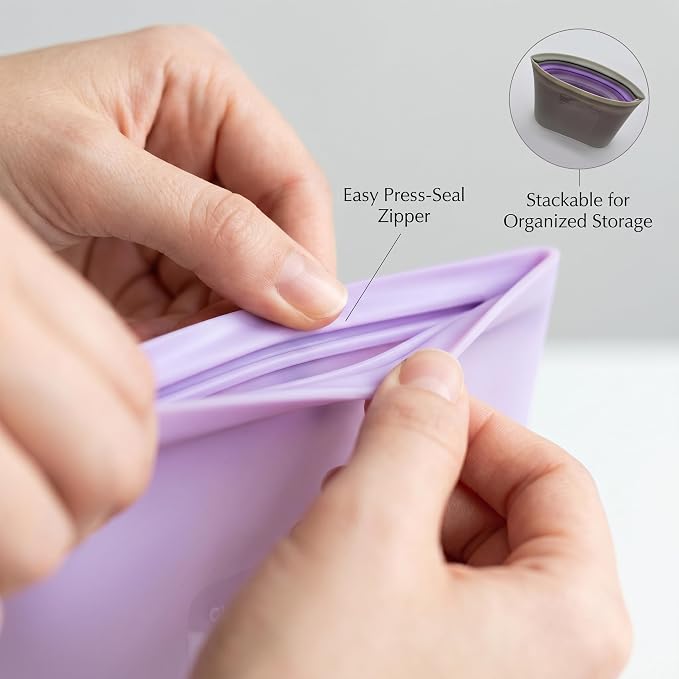 Reusable Thick Silicone Storage Bags (Set of 3) – S, M, L; 100% Food-grade Silicone; Freezer, Microwave & Dishwasher Safe; Wide Opening & Stands Upright; BPA-Free; Thick and Durable; Multiple Uses