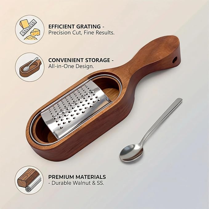Handheld Cheese Grater with Wooden Container, Stainless Steel Grater Shredder & Zester - for Parmesan, Lemon, Chocolate, Perfect Kitchen Gift & Italian Cooking Gadget