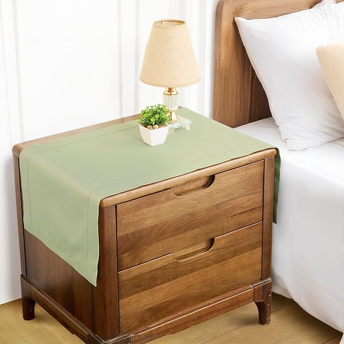 Solino Home Sage Hemstitch Table Runner 60 Inches - Cotton Linen Small Table Runner 14 x 60 Inch Ideal for Dresser and Coffee Tables, Spring, Summer