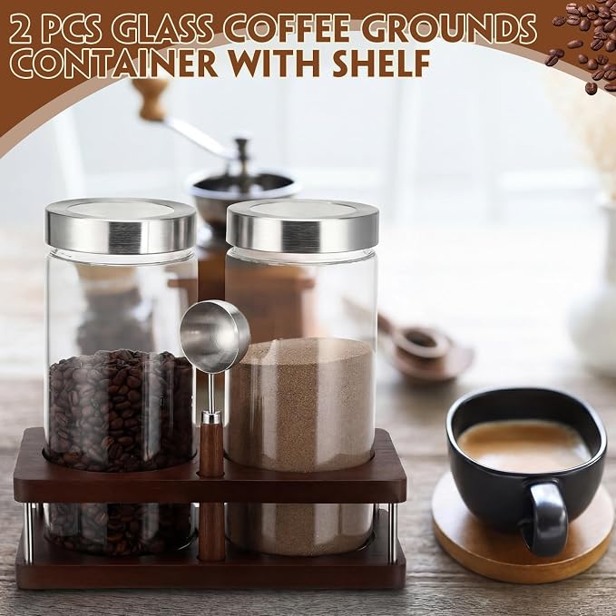 Suclain Glass Coffee Grounds Container with Shelf 2 x 44 oz Glass Coffee Bean Storage Canisters with Airtight Thread Lid and Measuring Spoon for Kitchen Sugar(Modern Style, Stainless Steel)