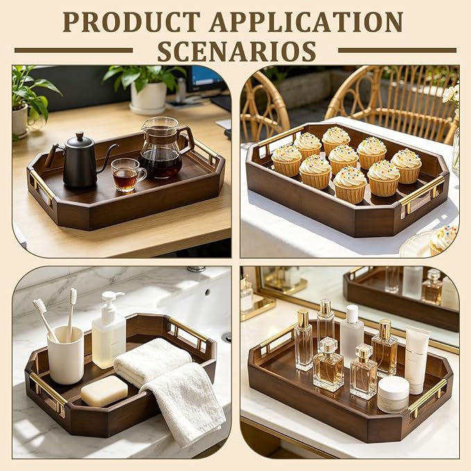 2pcs Wooden Serving Trays for Party with Metal Handles Octagonal Ottoman & Decorative Tray for Coffee Table Jewelry Tea Food Breakfast Eating Tray for Rustic Home & Kitchen Decor