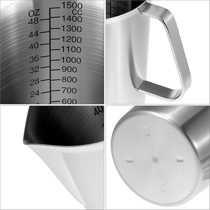 QWORK 304 Stainless Steel Measuring Cup 48 OZ with OZ/ML Graduations, 6 Cup Kitchen Mixing Pitcher, Precision Engraved Markings, Container for Baking and Frothing, 2 Liter