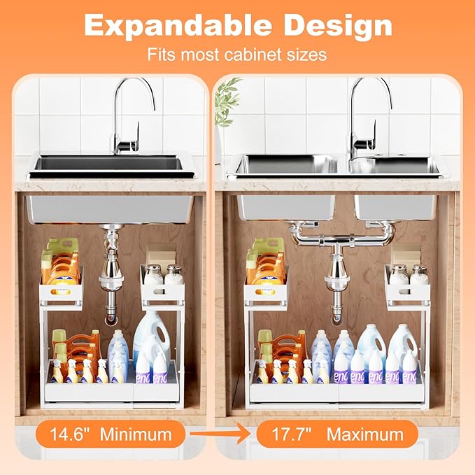 Upgrade 1 Pack Expandable Under Sink Organizers and Storage, 2 Tier Metal Pull Out Cabinet Organizer with 3 Slide Rails, Adjustable Height Slide Out Under Sink Drawers for Kitchen Bathroom Pantry