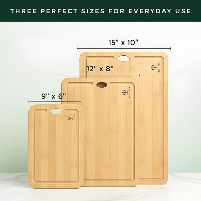 Bamboo Cutting Board Set – 3-Piece Natural Bamboo Boards with Deep Juice Grooves & Hanging Holes, Eco-Friendly Wooden Cutting Boards for Kitchen, Perfect for Chopping Meat, Bread & Fruits