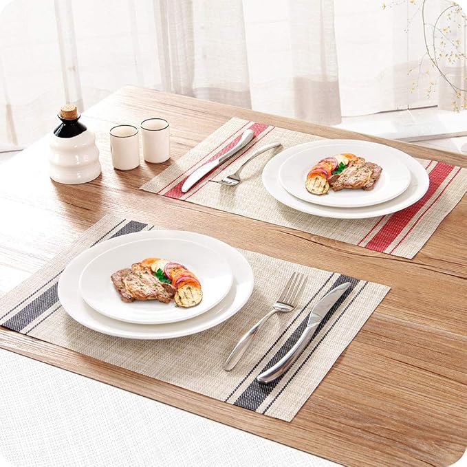 Table Mats Set of 6 Crossweave Woven Vinyl Placemats Heat Resistant Non-Slip Kitchen Placemats for Dining Table Washable Easy to Clean(Red)