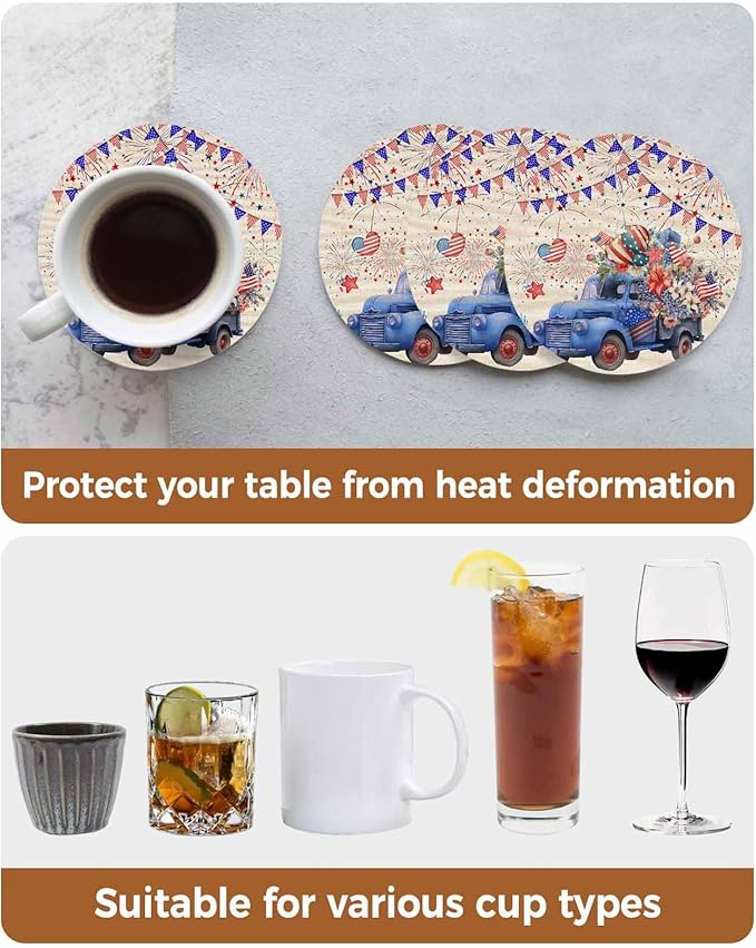 4th of July Coasters Set of 8 Blue Truck Poppy Flower Slate Drink Coasters with Holder Absorbent Stone Ceramic Cup Mat Star Flag Firework Independence Day Coasters for Drinks Coffee Bar Decor Gifts