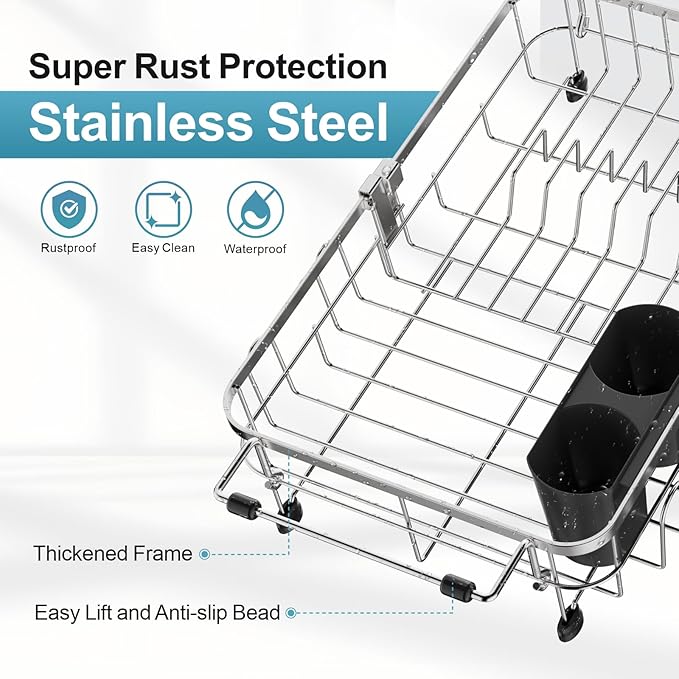 GSlife Small in Sink Dish Drying Rack - Expandable Stainless Steel Compact Over The Sink Dish Drainer with Utensil Holder for RV Kitchen Apartment, Silver