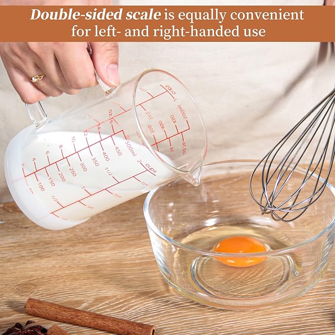 Newness Glass Measuring Cup with Handle, 500 ML (0.5 Liter, 2 Cup) Double-Sided Scale Measuring Cup with Three Scales (OZ, Cup, ML/CC) and V-Shaped Spout, Measuring Beaker for Kitchen or Restaurant