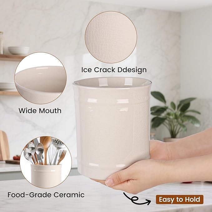Kitchen Utensil Holder, Larger Ceramic Utensil Crock for Kitchen Counter top & Dining Table (Cream, 5.9" x 5.9" x 6.7")