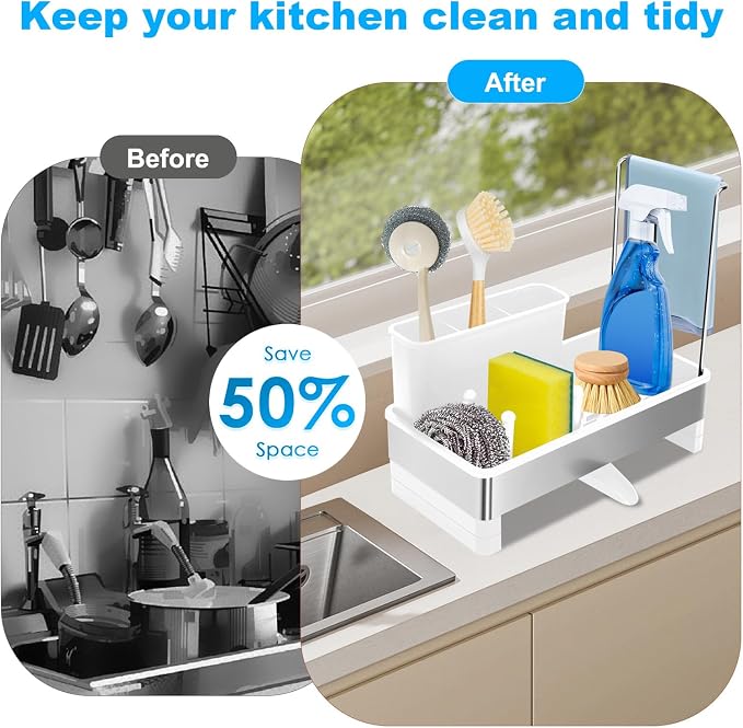 Kitchen Sink Caddy,Sponge Holder for Kitchen Sink with Dish Brush Holder, Auto Drain Tray, Sponge Drain Rack,Stainless Steel Sink Organizer Countertop，Sponge Soap(White)