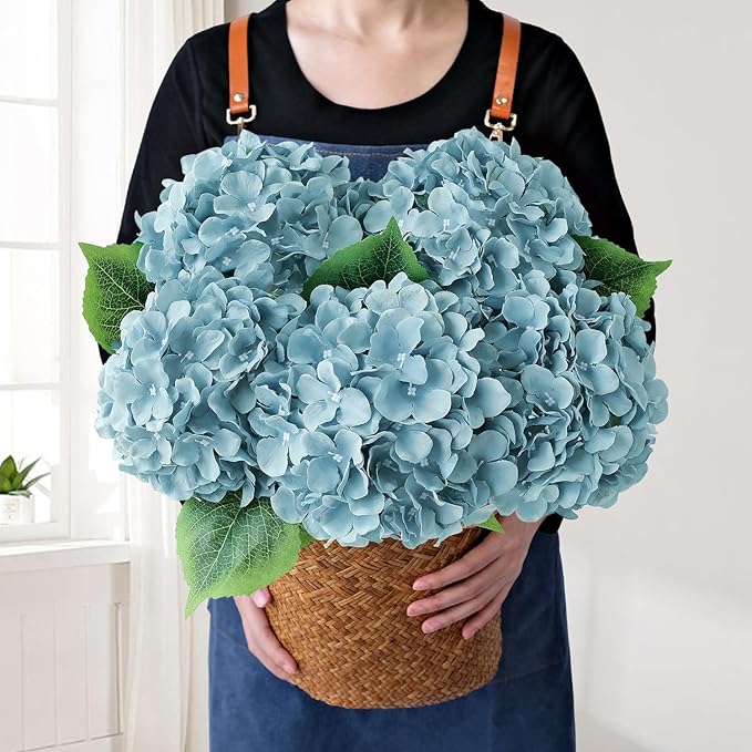 JINWOE Grey Blue Large Lifelike Silk Artificial Hydrangeas, 5Pcs 20Inch Full Fake Flowers for Bouquet Table Centerpieces Wedding Indoor Home Outdoor Baby Showers Decoration