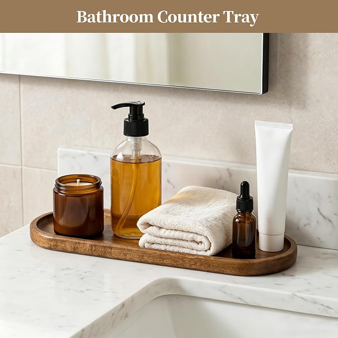Small Wooden Tray | Acacia Wood Tray for Vanity, Bathroom Counter, Coffee Table & Toilet | Perfect for Jewelry, Remote, Perfumes & Catch All | Mini Charcuterie Board Serving Platter (Oval)