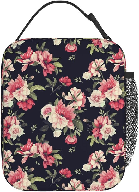 YETTA YANG Flower Floral Cute Black Pink Portable Lunch Bag Insulated Lunch Box Reusable Totes For Women Men Work Picnic Camping
