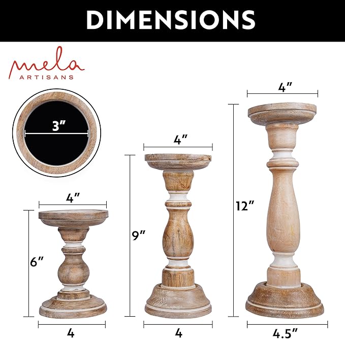 Mela Artisans 6”, 9” & 12” Mango Wood Pillar Candle Holder Set of 3 – Tuli Design Whitewashed – Wooden Candle Holders for Table, Mantel & Living Room Décor