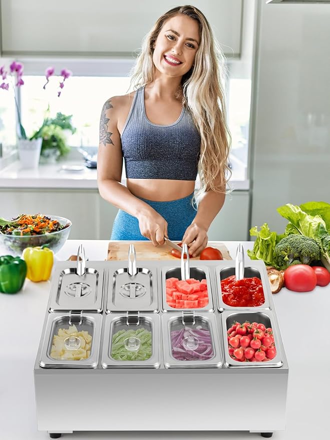 8 Pans Spice Rack Shelf 2 Row Stainless Steel Spice Organizer Stand with Lids Spoons Countertop Inclined Holder Buffet Containers Set for Sauce Jam Fruits Ingredient Kitchen Restaurant Pantry