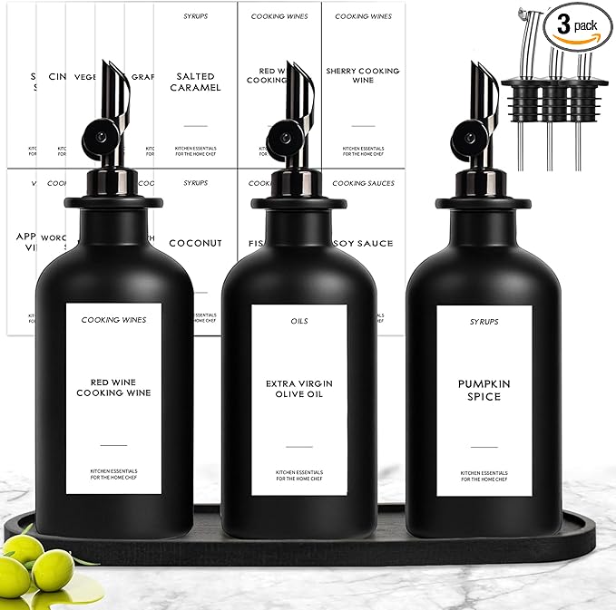 3PCS Olive Oil Dispenser Bottle For Kitchen, Soy Sauce Dispenser, Dark Glass Bottles for Oil and Vinegar Dispenser Set W. Wooden Tray & Labels & 3 Replacement Spouts, Coffee Syrup Dispenser(Black)