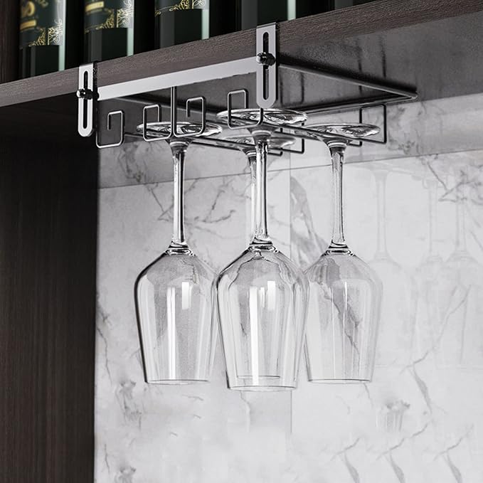 Adjustable Wine Glass Rack Under Cabinet, 2 Row Wine Glass Holder Stemware Rack Hanger, Under Shelf Stemware Storage Rack For Cupboard Kitchen Bar, Can Hang 4-6 Cups (25 * 22.5 * 5cm) (Color : Black)