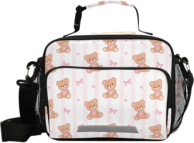 Kcldeci Teddy Bear with Pink Ribbon Bow Kids Lunch box Insulated Cooler Lunch Bag Back to School Thermal Meal Tote Kit for Girls, Boys,