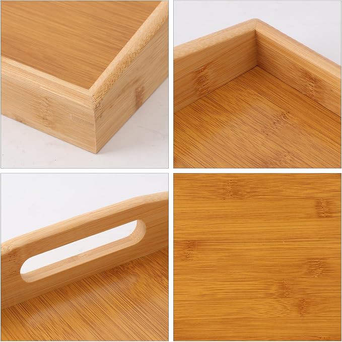 2 PCS Bamboo Serving Tray, Breakfast Bed Tray with Handle, 15.8 x 11.4 x 2 Inch Wood Serving Tray for Serving, Breakfast Bed Trays for Eating, Decor, Displaying Cake, Fruit