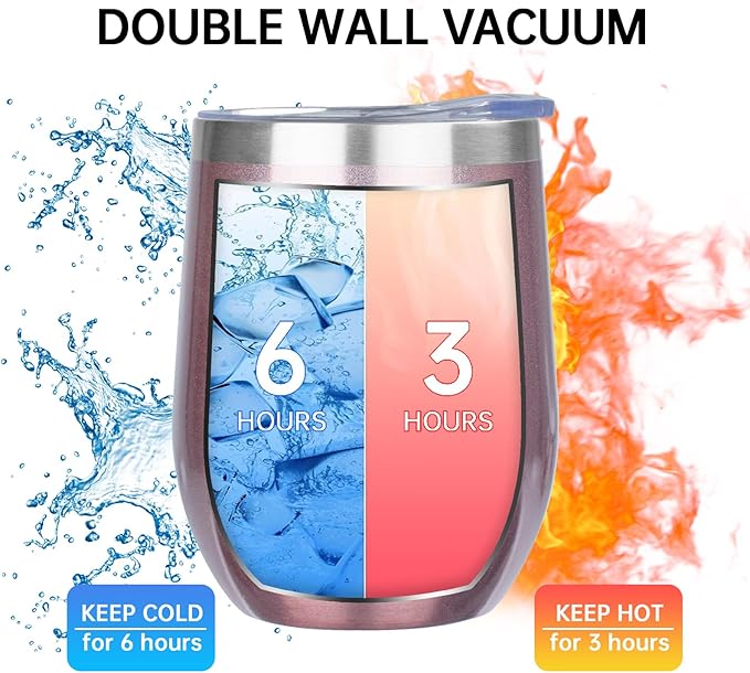 MEZMUT 12 Oz Insulated Wine Tumbler with Lid Double Wall Vacuum Stainless Steel Wine Glass Coffee Mug Insulated Tumbler Cup for Champaign, Cocktail, Beer (Rose Gold, 4 Pack)