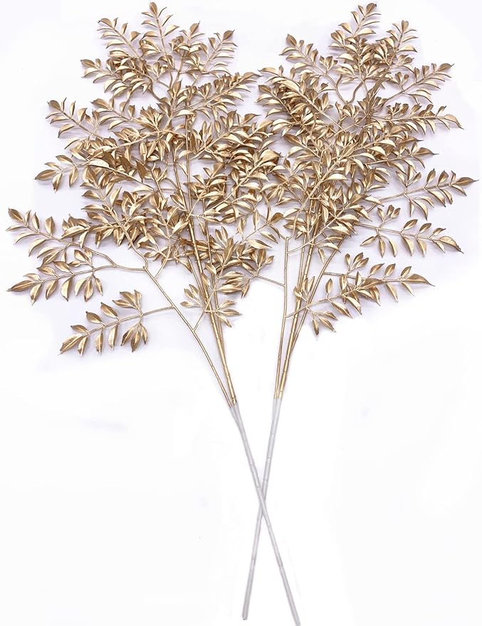 CATTREE Artificial Gold Leaves, Plastic Plants Christmas Decorations 30" Tall Golden 2 Pack, Fake Shrubs Bushes for Indoor Home Table Centerpieces Hotel Hall Party Decor Wedding Planting Filler