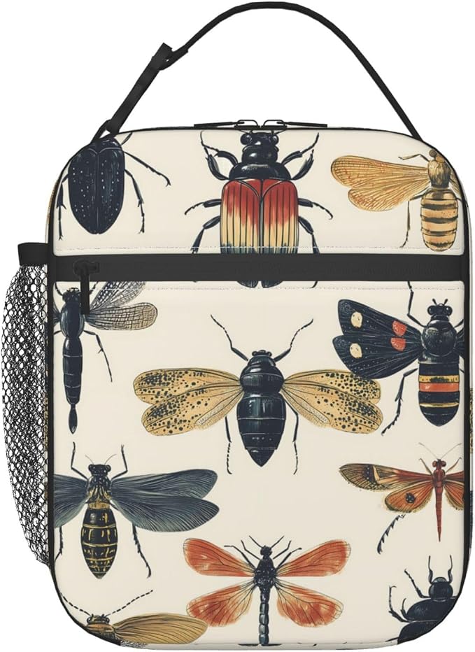 Reusable Vintage Insect Lunch Box for Kids Girls Boys Women Adult, Insulated Beetle Bee Dragonfly Retro Lunch Bag,Polyester Cooler Handbags Case for School Picnic Work Travel Beach or Hiking