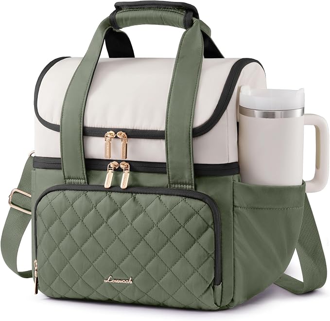 LOVEVOOK Insulated Lunch Bag for Women,Large Double Deck Adult Lunch Box,Teacher Lunch Tote Bag with Cup Holder,Leakproof Cooler Bag with Adjustable Shoulder Strap for Work Picnic Beach,Larger 15L