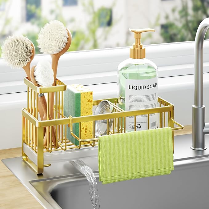 HapiRm Sponge Holder for Kitchen Sink - Self-draining Sink Caddy with Brush Holder and Dishcloth Holder, Stainless Steel Kitchen Organizer for Countertop - Gold