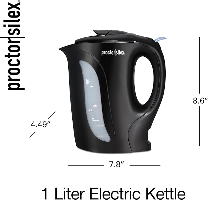 Proctor Silex Electric Tea Kettle, Water Boiler & Heater Auto-Shutoff & Boil-Dry Protection, 1000 Watts for Fast Boiling, 1 Liter, Black (K2071PS)