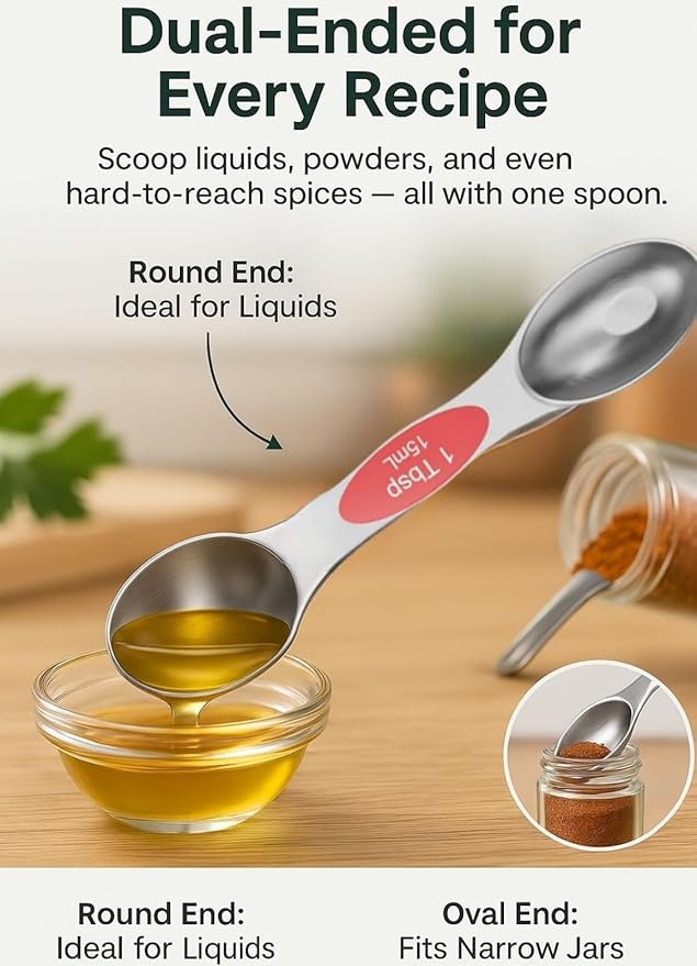 Magnetic Measuring Spoons Set Of 8, Heavy Duty 304 Stainless Steel Metal, Fits in Most Kitchen Spice Jars for Baking & Cooking, BPA Free,Measuring Dry & Liquid Ingredients Rainbow)