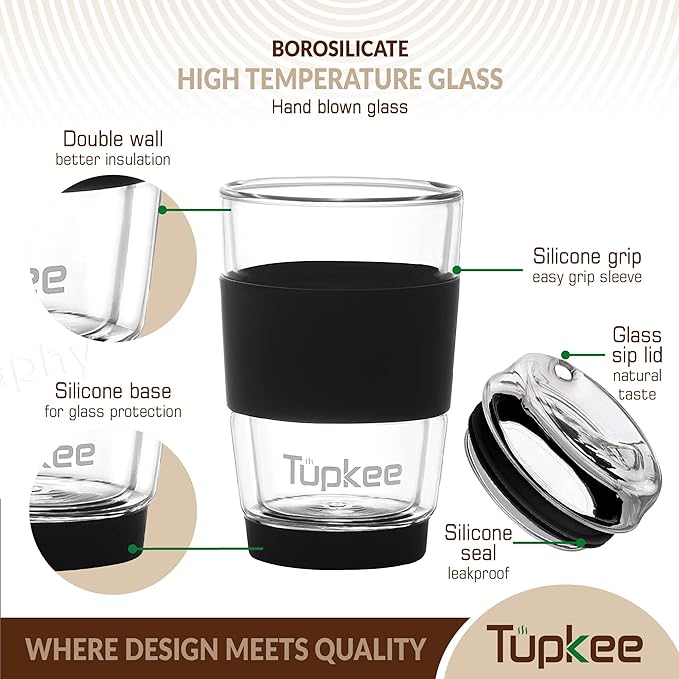 Double Wall All Glass Tumbler - 8-Ounce, Reusable Insulated Tea/Coffee Mug & Lid, Hand Blown Glass Travel Mug - Black - 2 Pack
