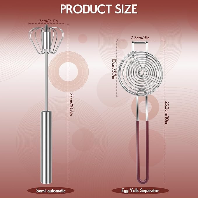 2 pcs Whisk Set with Yolk Separator,Stainless Steel Semi-Auto Egg Beater Whisk and Egg Separator,Hand Push Mixer Stirrer for Blending,Whisking,Beating & Stirring