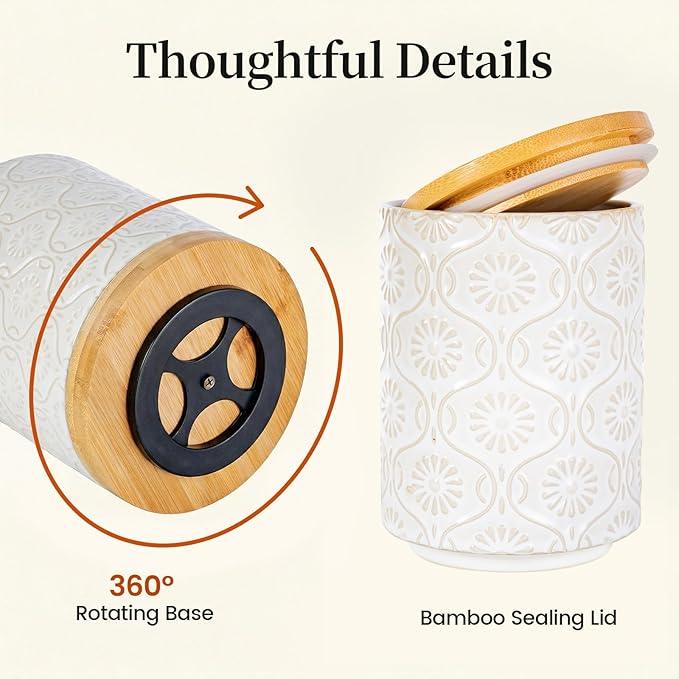 Newise Utensil Holder - Set of 2, Ceramic Kitchen Utensil Holder for Countertop, Large Utensil Crock with 360° Rotating Base, 6"+4" Embossed Cooking Storage and Decoration