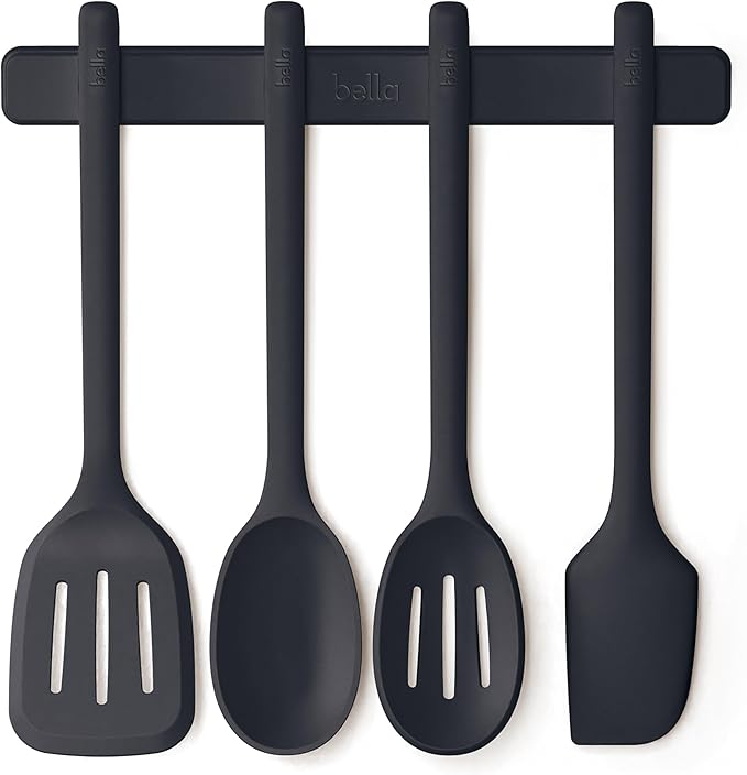 bella 5-Piece Kitchen Tool Set with Magnetic Rack, Silicone, Turner, Spoon, Slotted Spoon, Spatula, Utensil Holder, Magnetic Holder, Non-toxic*, Food-grade, Heat safe to 425°F, Dishwasher Safe, Slate
