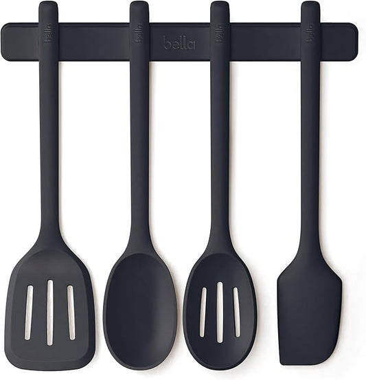 bella 5-Piece Kitchen Tool Set with Magnetic Rack, Silicone, Turner, Spoon, Slotted Spoon, Spatula, Utensil Holder, Magnetic Holder, Non-toxic*, Food-grade, Heat safe to 425°F, Dishwasher Safe, Slate