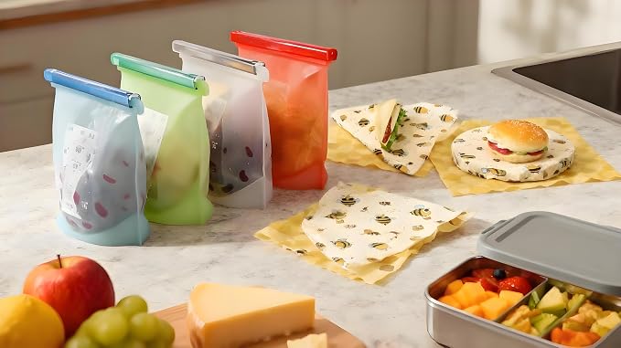 Reusable Silicone Food Storage Bags & Beeswax Wraps Set (7-Piece) | Airtight Leakproof, Freezer Dishwasher Microwave Safe | Eco Friendly Zero Waste Food Storage Containers for Meal Prep, Snack