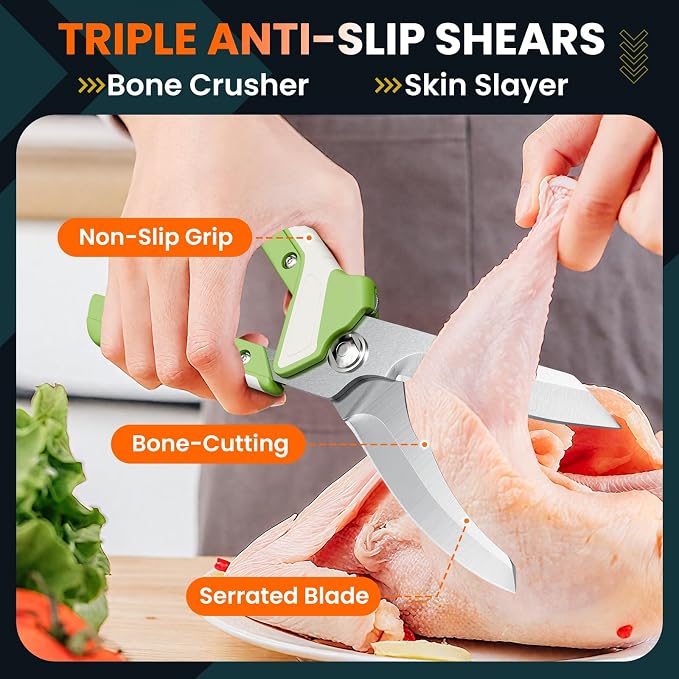 Heavy Duty Poultry Shears, 2-in-1 Ambidextrous All Purpose Kitchen Scissors (Converts to Knife), Non-Slip Handle, Safety Lock & Magnetic Protective Sheath